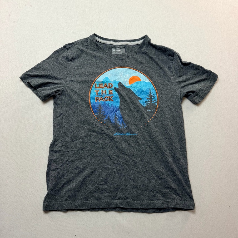 Eddie Bauer Graphic Tee Kids Large 14/16 Grey Excellent Lead The Pack Wolf